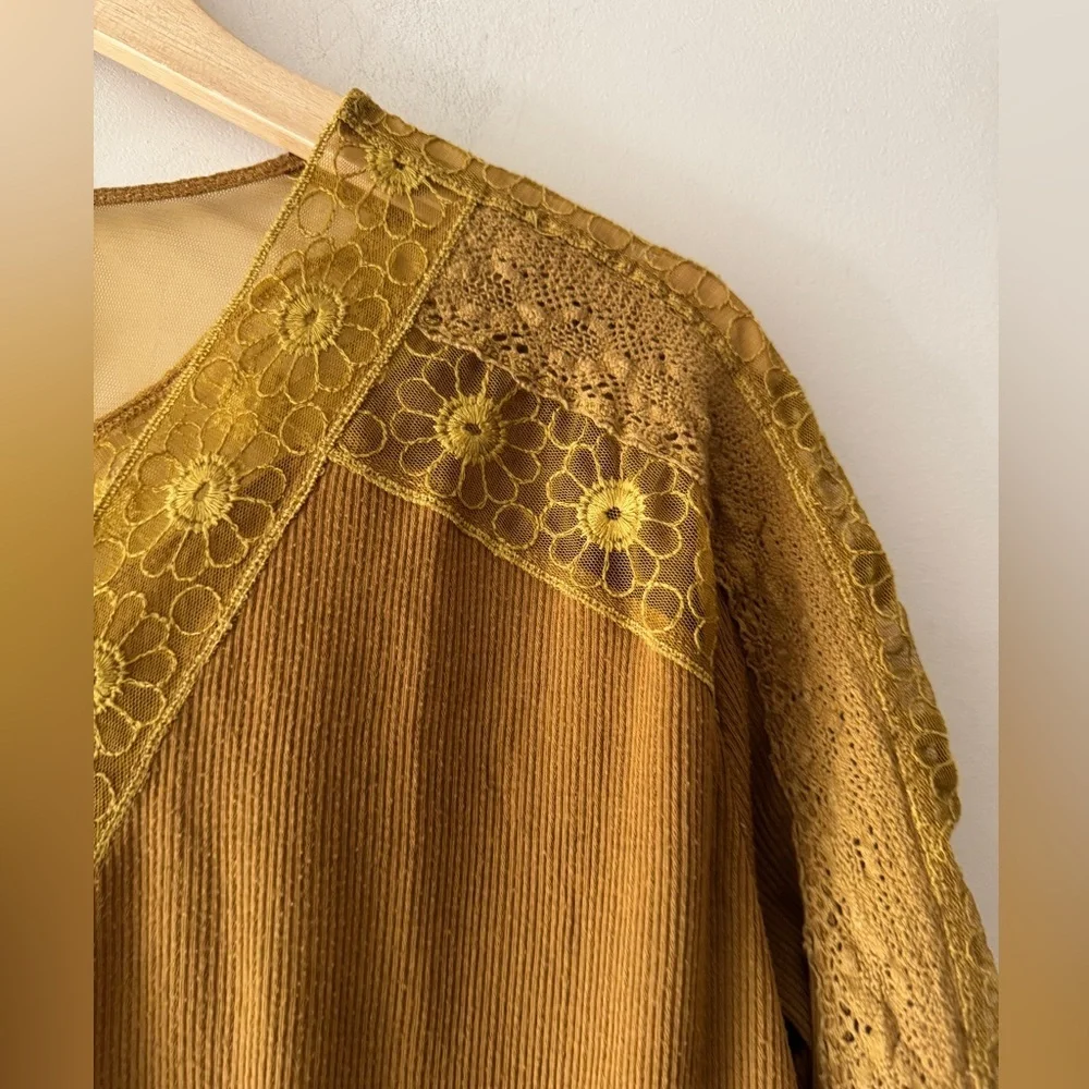 Free People‎ Women's Lola Long-Sleeve Blouse, Mustard Yellow Boho Lace Trim